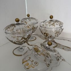 Pier 1 Vintage Hand Painted Glass Gold Jars Made in Italy set of 3 w/ 2 extra lids 8” H X 5/12” round 