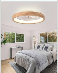 New Smart 24" Low Profile Flush Mount Wood Fandelier Ceiling Fan with Light Remote/APP, timer, memory, reversible, dimmable, 6 speeds; for bedroom, li