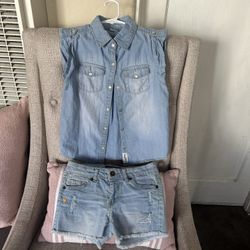 Lucky Brand Distressed Jean Short And Carter’s Denim Shirt Set For Girls. Size 7