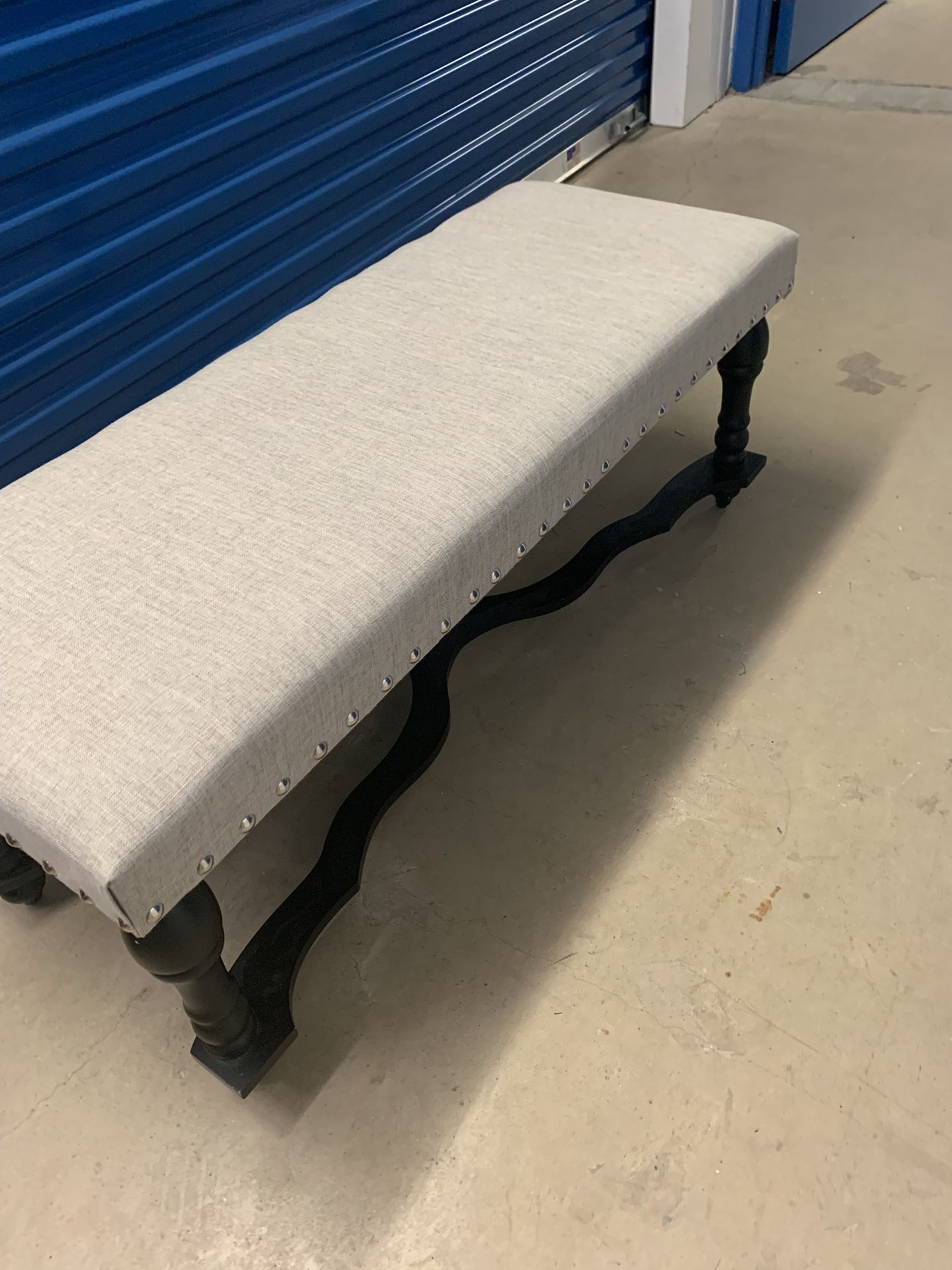 STILL AVAILABLE Beige Fabric Covered Bench with silver stud trim