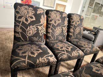 Set of 6 High-Back Upholstered Dining Chairs – Black & Taupe Floral