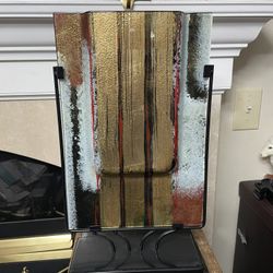 Modern Retro Fused Glass Art Vase on Metal Frame 17.5”x10”