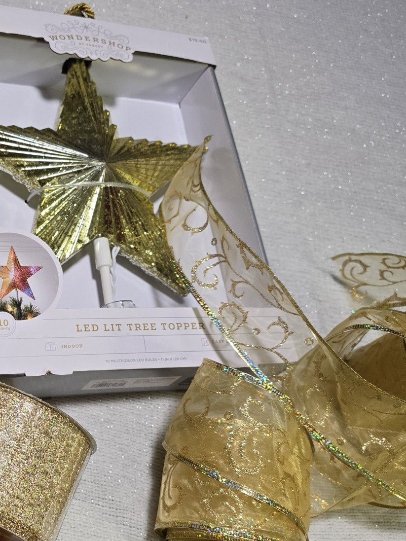 Gold Ornaments, Ribbon, Tree Topper and Skirt