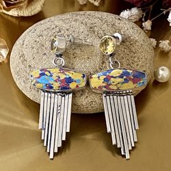 Rainbow Calsilica And Citrine 925 Sterling Silver Overlay Stud Earrings