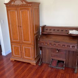 Antique Piano And Solid Wood Cabinet