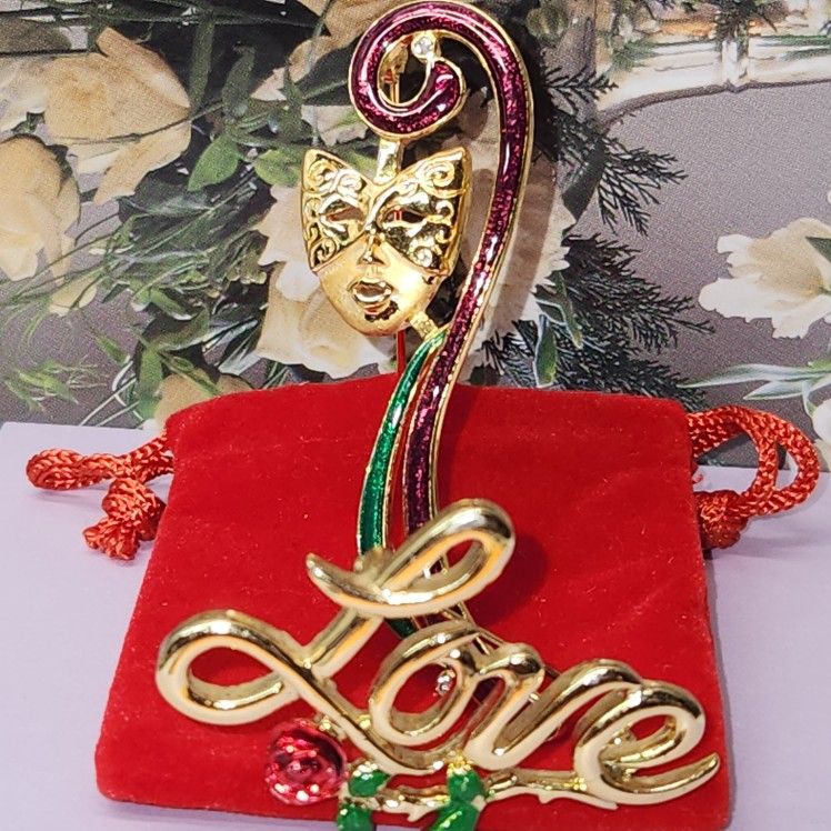 #2349, VINTAGE ENAMEL BROOCHES, MASK 2"IN AND LOVE 1.5IN