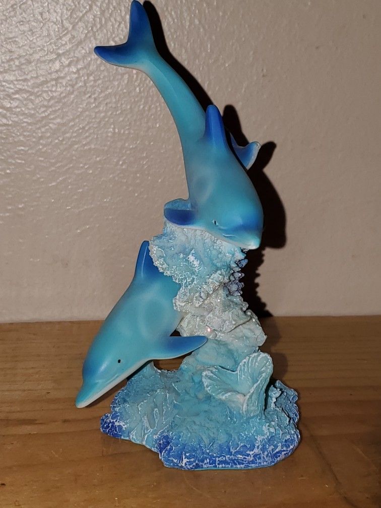 Beautiful Dolphins On Coral Reef 6" Resin Statue! Excellent Condition!