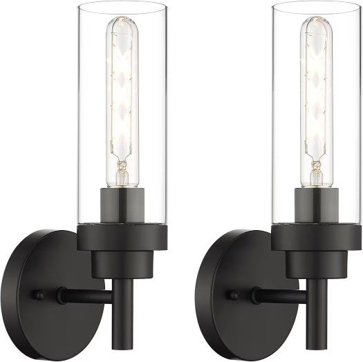 Emak Black Wall Sconces Set of Two, Modern Vanity Lights with Clear Glass Shade, Wall Lights for Bathroom, Bedroom, Living Room, Hallway, WS085-BK-2PK
