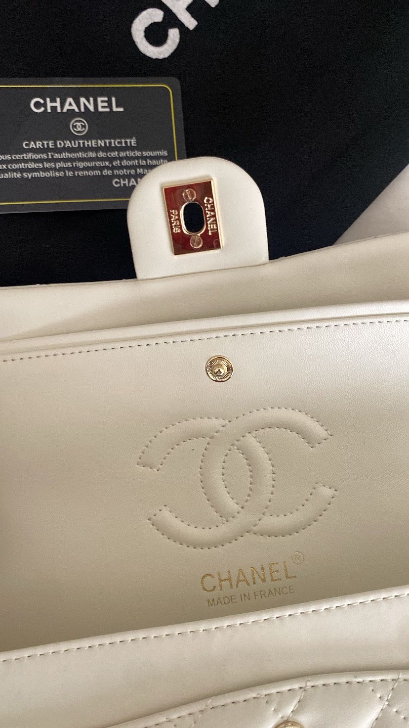 Authentic Chanel Bone Ivory White Caviar Medium Classic Double Flap Bag