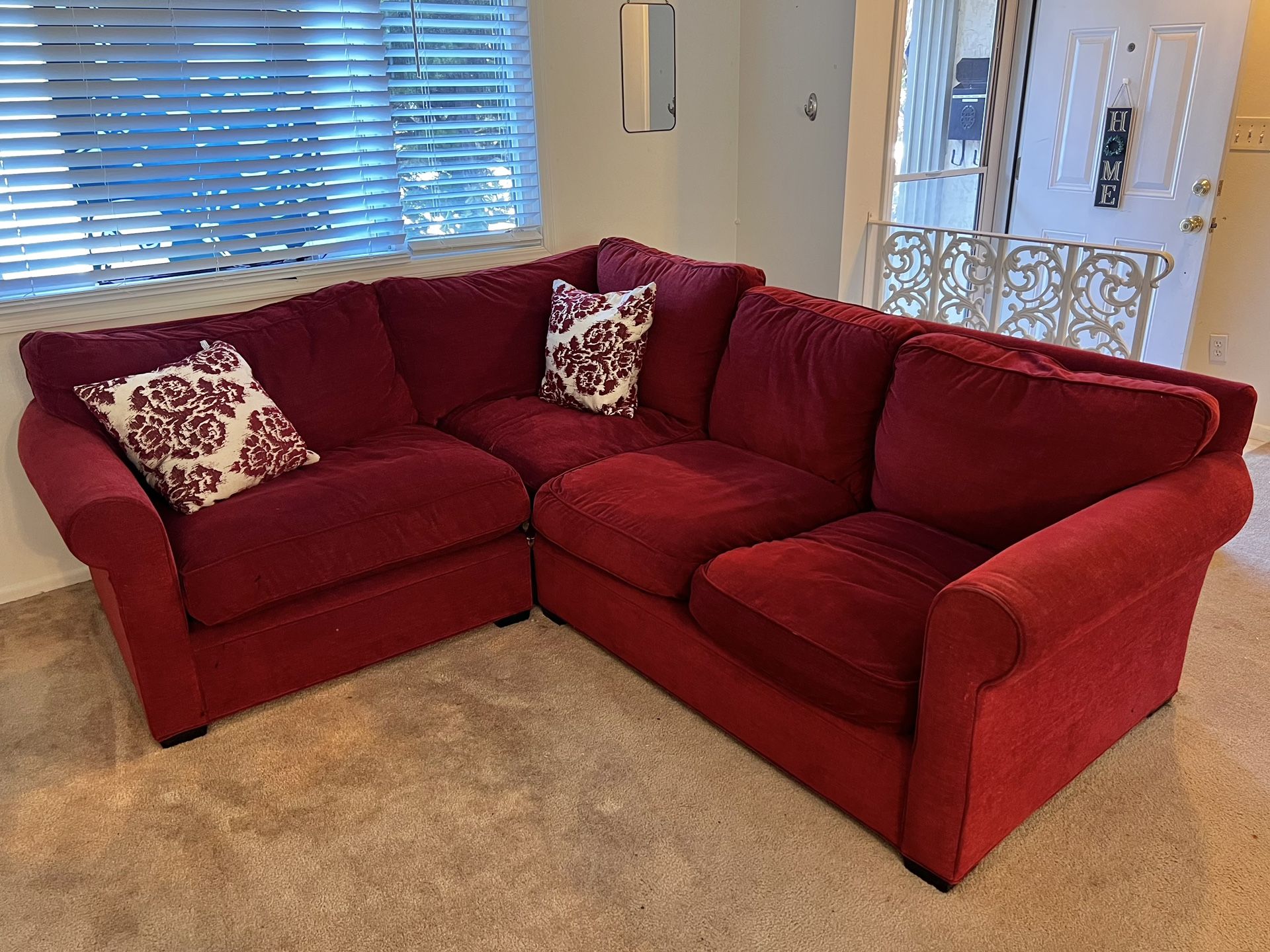 Large three piece red sectional couch sofa filled with down feathers