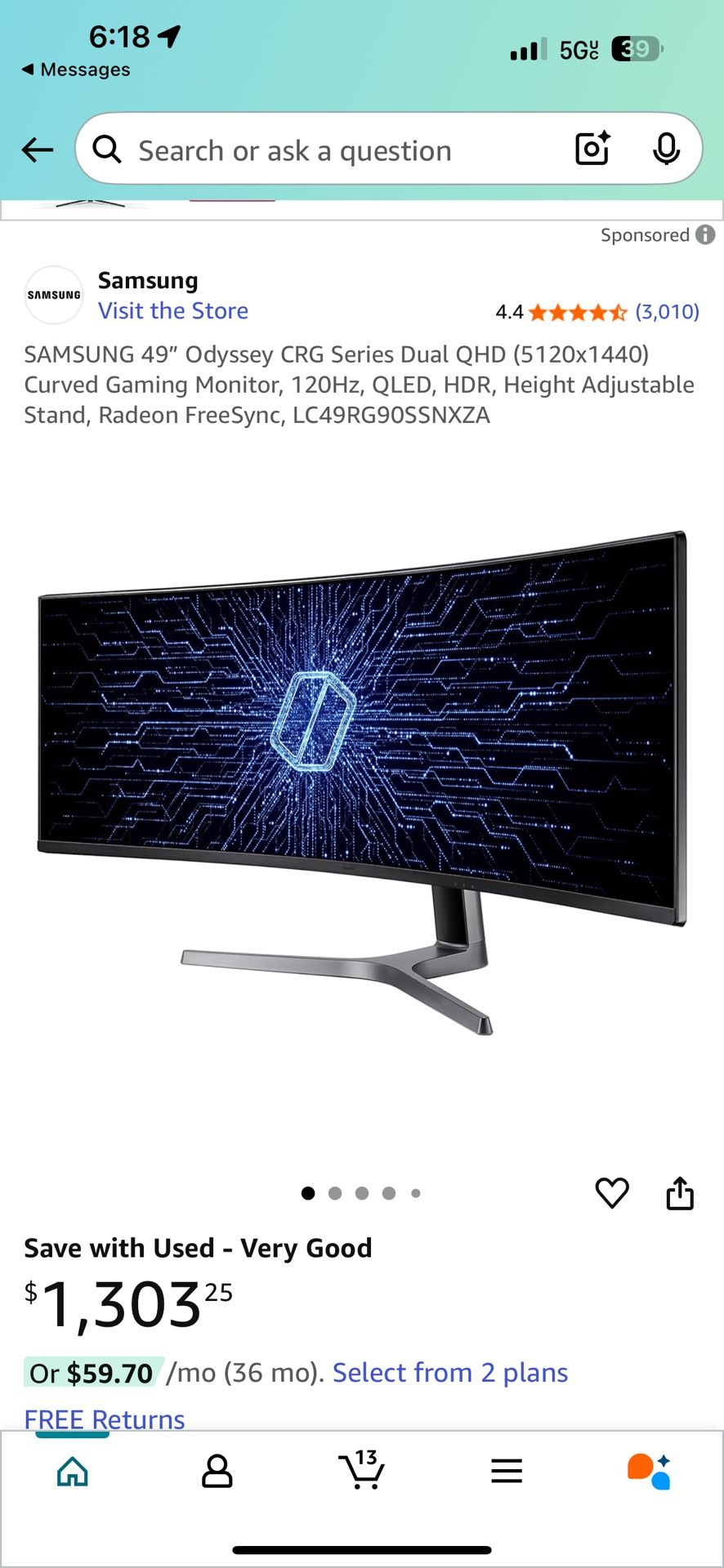 SAMSUNG 49” Odyssey CRG Series Dual QHD (5120x1440) Curved Gaming Monitor, 120Hz, QLED, HDR, Height Adjustable Stand, Radeon FreeSync, LC49RG90SSNXZA