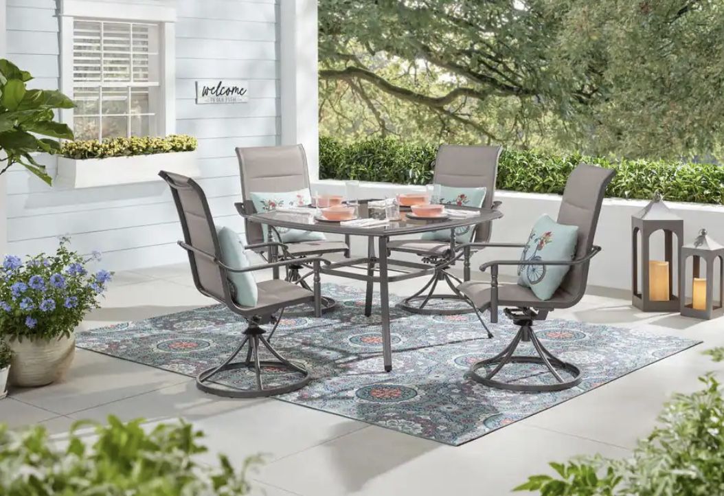 Hampton Bay Ashbury Pewter 5-Piece Steel Padded Sling Square Glass Top Outdoor Dining Set