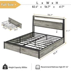 🥨Full Size Bed Frame with Storage Headboard, Metal Platform Full Bed Frame Wood with 4 Drawers, LED Light, Charging Station, No Box Spring Needed