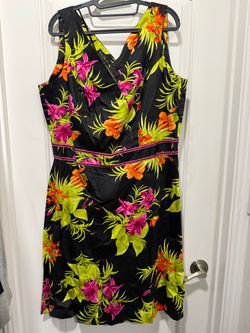 Ashley Stewart Black Tropical Floral Dress w/Pink, Lime & Orange.