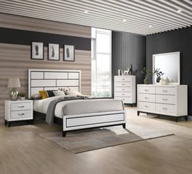 WHITE Queen Size bedroom set includes queen bed, dresser, mirror and nightstand.