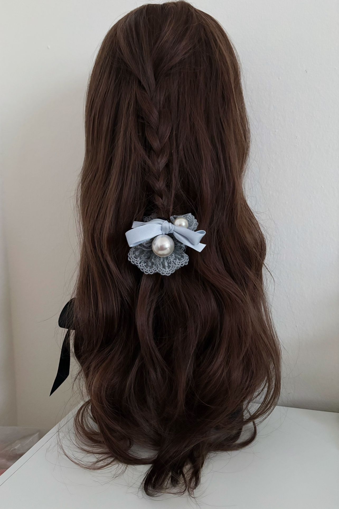 Small size gray with light blue ribbon hair tie
