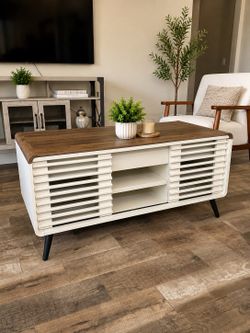 OKD Coffee Table w/Sliding Slatted Door, 48" Mid Century Modern Wood Center Table w/Hidden Storage Compartment & Adjustable Shelf, Lift Tabletop Dinin
