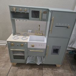 ROBOTIME Play Kitchen for Kids Toddlers, Wooden Pretend Play Kitchen Set Toy with Fridge, Ice Maker, Coffee Maker, Toys Kitchen Gift for 3+ Year Old K