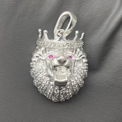 Solid 925 Sterling Silver Crowned Lion Iced Pendant White CZ Red Eyes