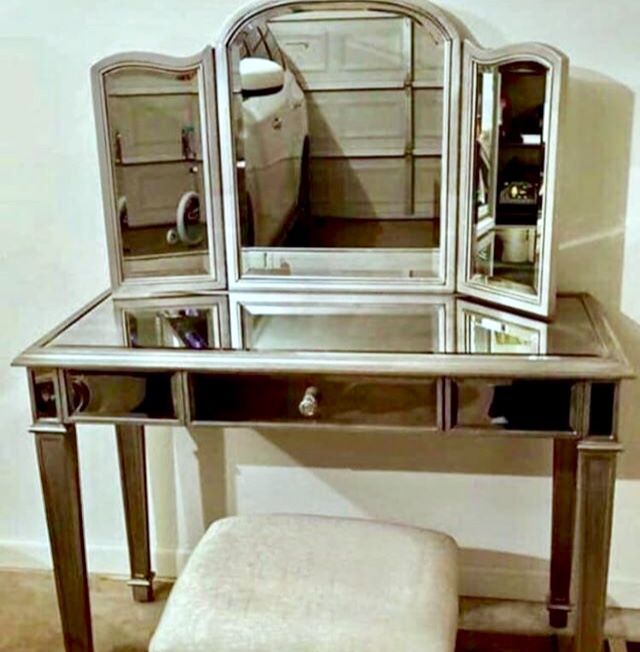 Pier 1 Hayworth Mirrored Vanity Set - Table, Trifold Mirror, & Stool - Retail $800 - TONIGHT ONLY SPECIAL - $175