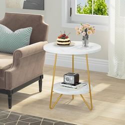 Faux Marble End Table, 2 Tier Round Side Table with Shelves