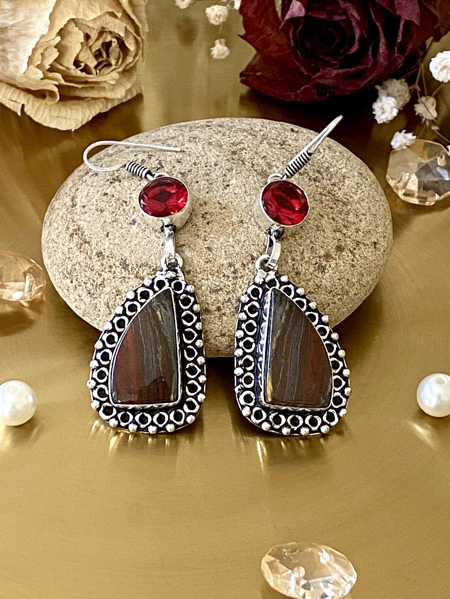 Iron Tiger Eye And Garnet 925 Sterling Silver Overlay Handcrafted Earrings