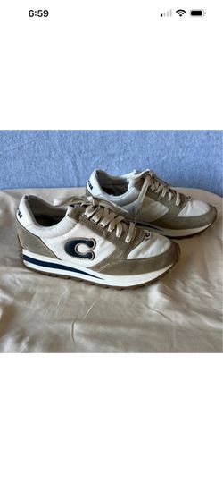 Coach Women Retro Runner Sneakers Cream Tan Suede Nylon Low Top Shoes