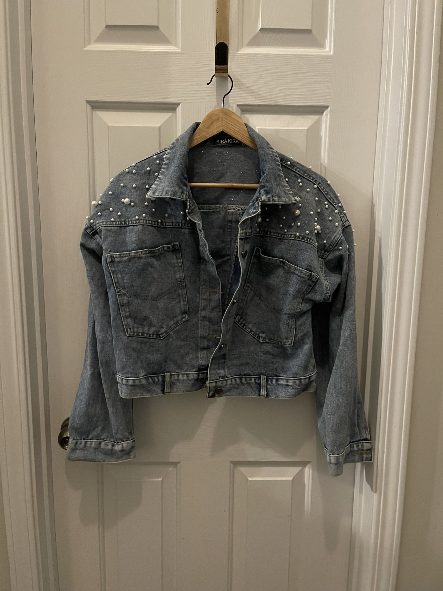 Women's Blue Denim Jacket with Pearl Embellishments