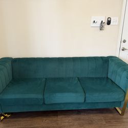 WModern Teal Velvet Sofa with Gold Metal Frame