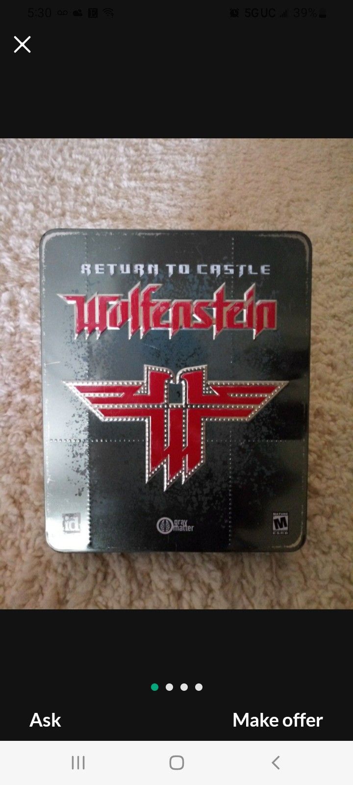Return to Castle Wolfenstein with COLLECTORS TIN (PC:2001) Game Disc, CD key, Patch, poster
GREAT CONDITION. CD is perfect.
Local pick up only