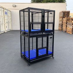 New $310 (Set of 2) Stackable Dog Cage 37x25x64” Heavy Duty Folding Kennel w/ Plastic Tray