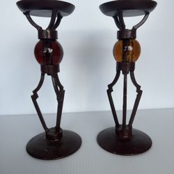 Cast Metal Pillar Candle Holder With Glass Amber Globe 