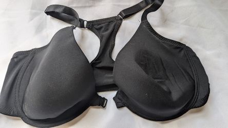Womens Black 42C Bra1102 Underwire Broken Front Hook, 95% Polyester, 5% Spandex, Plunge. racerback. Hook just needs put through loop and some super gl