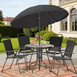 6-Piece Outdoor Patio Dining Set with Folding Chairs, Glass Table and Umbrella
