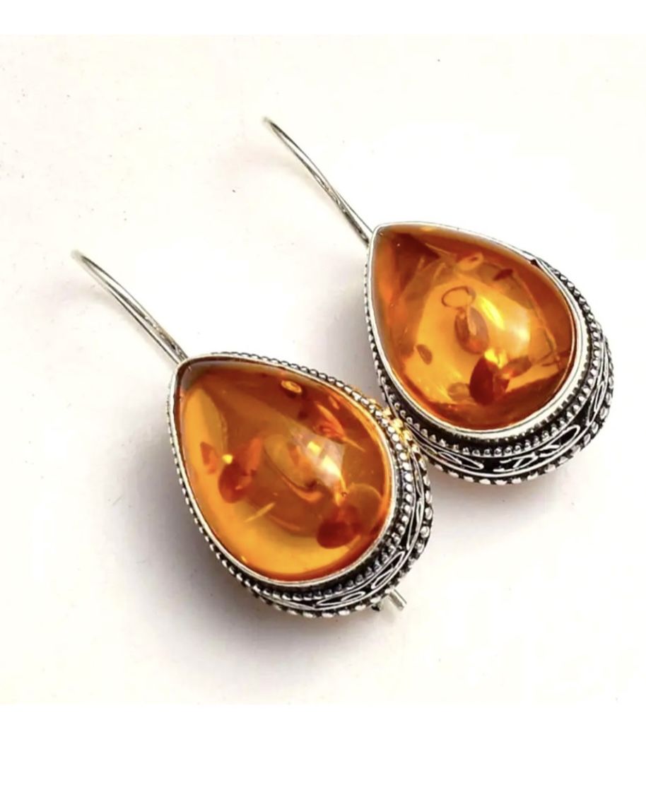 Teardrop Baltic Amber 1.5” Sterling Silver Earrings