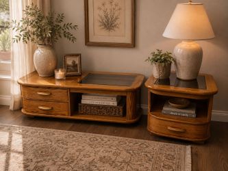 Vintage Oak TV Stand & End Table Set with Glass Tops