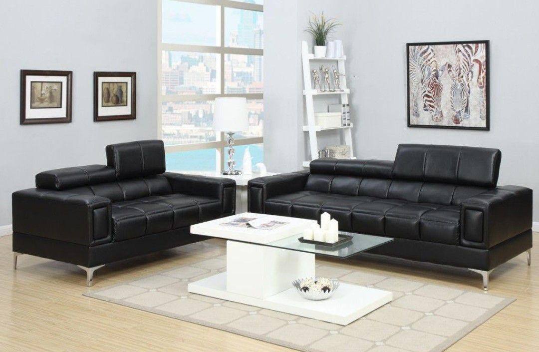 Brand New Black Leather Modern Style Sofa & Loveseat