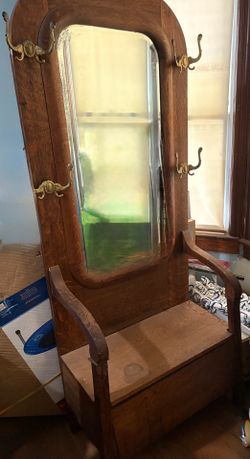 Antique Victorian Oak Hall Tree Bench with Original Etched Brass Hardware and silvered mirror