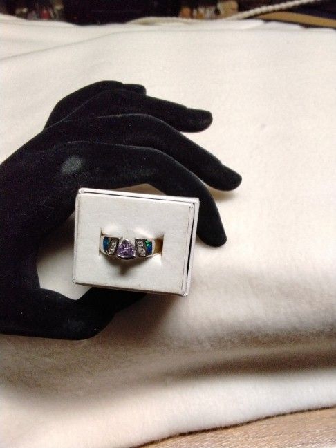 Amethyst Wth Australian Opal Inlay.  925 Sterling Silver Ring 