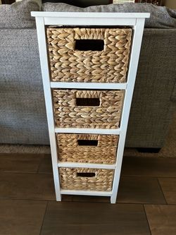 White Wood Storage Unit with 4 Wicker Baskets