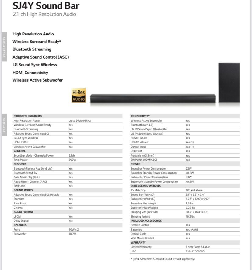 LG SJ4Y Channel High Resolution Audio Sound Bar