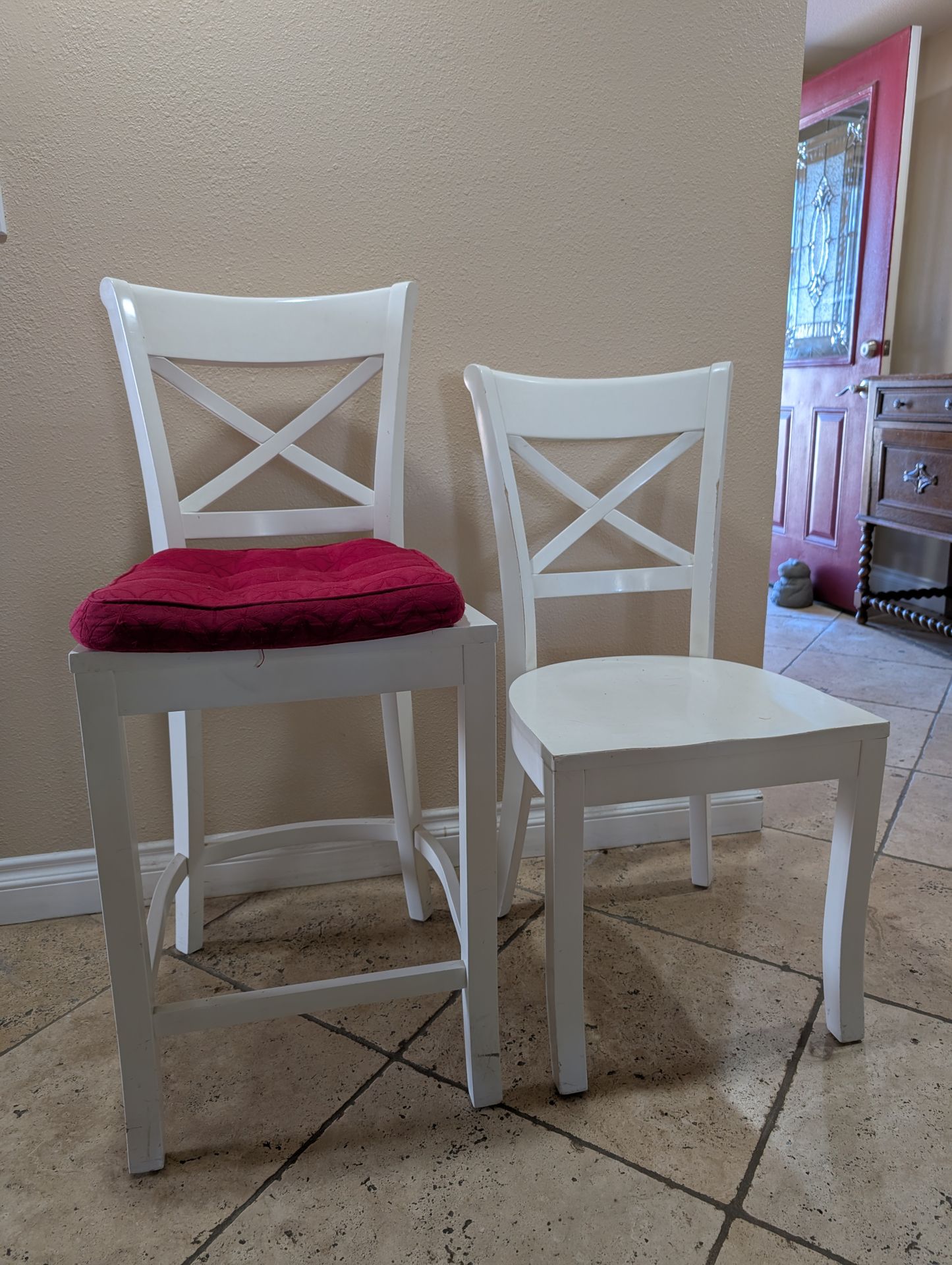 Four (4) Dining Chairs & Three (3) Barstools - White, Wood, Farmhouse Style