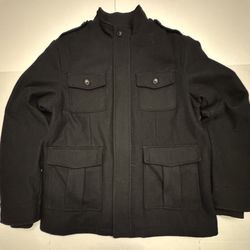 Pre Owned Excellent  Merona  Wool Utility Coat Military Shoulder Quilted Lining 4 Pocket Full Zip  Button  Black  Men  Size Large