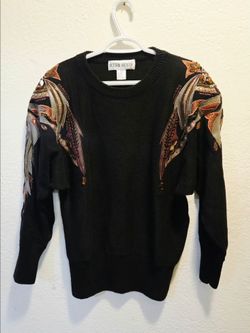 80s Knit Sweater Victoria Harbour Ornate Beaded Embroid Shoulder Applique & Big Shoulder Pads