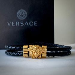 Authentic Versace Medusa Gold Black Leather Bracelet – Pre‑Owned