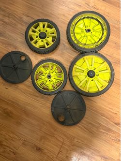 Ryobi 20 in. Brushless Lawn Mower Wheel Set (4 Wheels + 2 Hub Caps) — Used, Good Condition