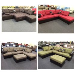 New Moss Red, Green, brown or beige Fabric Sectional Sofa and Ottoman set