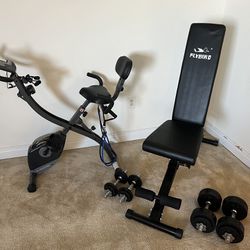 Complete Home Gym Set- Folding Weight Bench, Adjustable Dumbells, Folding Bike, Resistance Bands