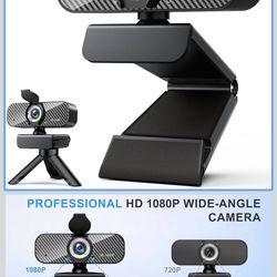Webcam Full HD 1080P with Built-in Microphone and Rotatable Tripod, Carbon Fiber Board and Privacy Cover, Auto Light Correction, Adjustable FOV, Plug&