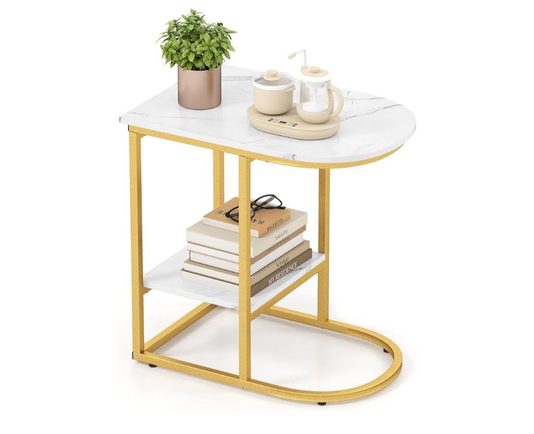 C Shaped End Table, Modern Sofa Side Table with Faux Marble Tabletop & Storage Shelf, Slide Under Sofa Bed, 2-Tier Couch Table for Small Spaces